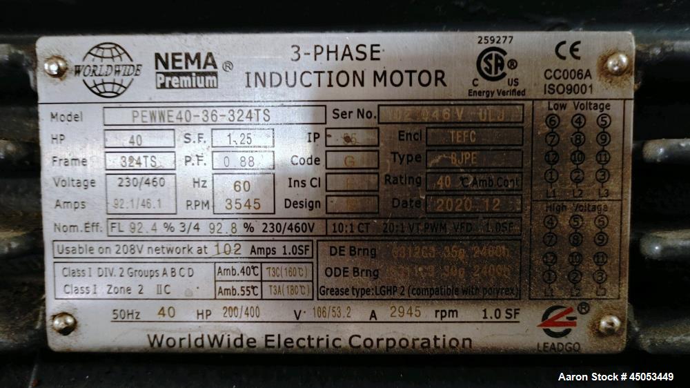 Usado- Carver modelo RS6-A 3X2X6 DI Bomba de vacío. Accionado por un motor de 40hp 3/60/230/460v 3545rpm. Construido 2022