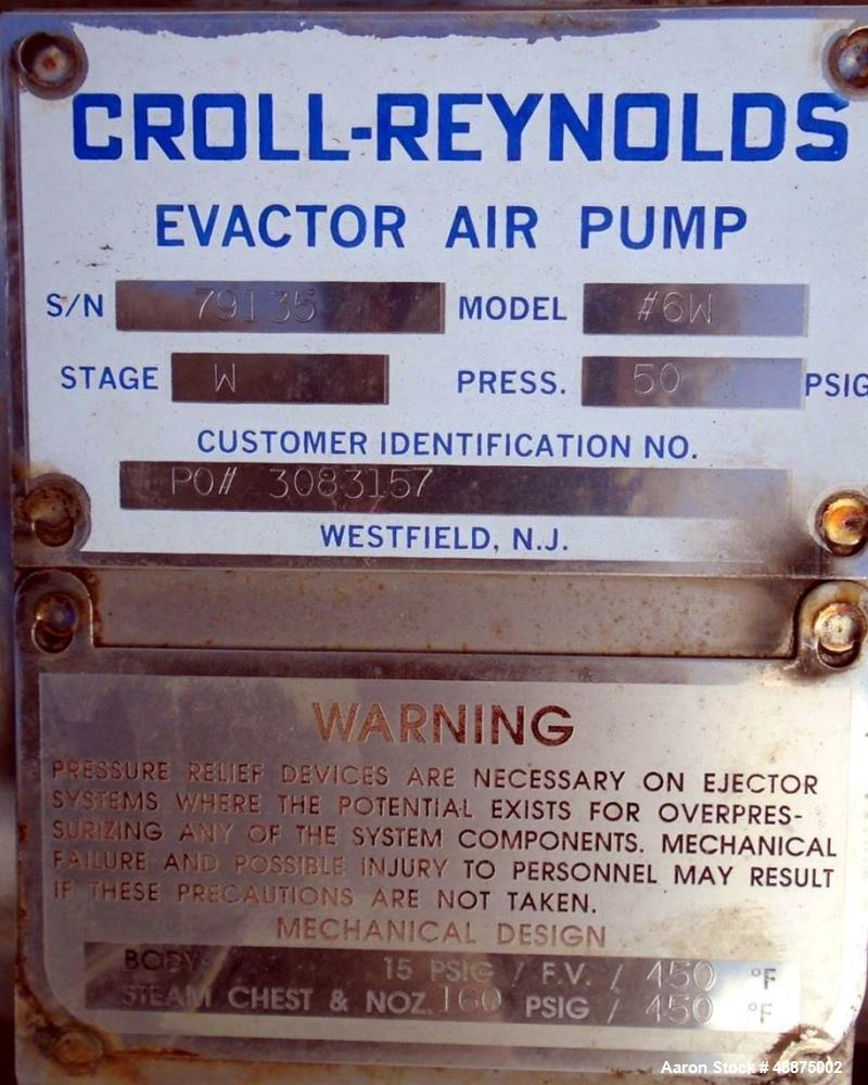 Used Croll-Reynolds Evactor Air Pump, Model 6W, Stage W. 50 psig. Stainless steel.
