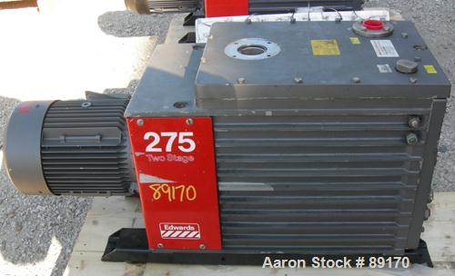USED: Edwards two stage rotary vane vacuum pump, model E2M275, carbon steel. Rated 172 cfm. Driven by an 8.5 kW (10 hp), 3/60/230/460 volt, 1730 rpm motor.