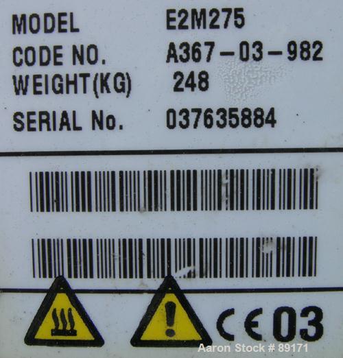 USED: Edwards two stage rotary vane vacuum pump, model E1M275, carbon steel. Rated 172 cfm. Driven by an 8.5 kW (10 hp), 3/60/208-230/460 volt, 1750 rpm motor.