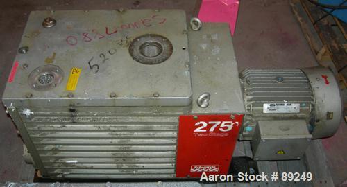 Used Edwards Two Stage Rotary Vane Vacuum Pump, Model E2M275, Carbon Steel. Rated 172 cfm. Driven by an 8.5 kW (10 hp), 3/60/230/460 volt, 1730 rpm motor.