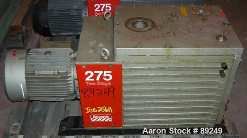 Used Edwards Two Stage Rotary Vane Vacuum Pump, Model E2M275, Carbon Steel. Rated 172 cfm. Driven by an 8.5 kW (10 hp), 3/60/230/460 volt, 1730 rpm motor.