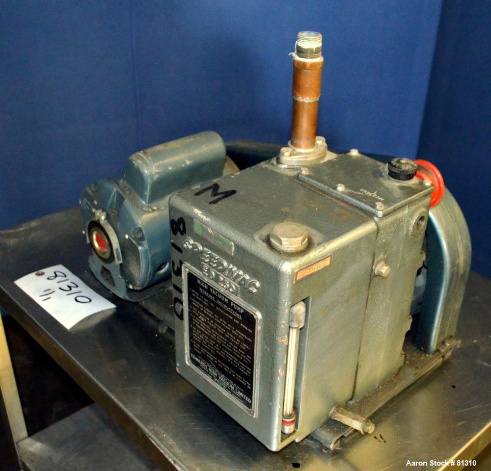 Used Edwards Speedivac High Vacuum Rotary Pump, Model ED250. Approximate 8.7 cfm, driven by a 3/4 hp, 1/60/115/230 volt, 1725 rpm motor.