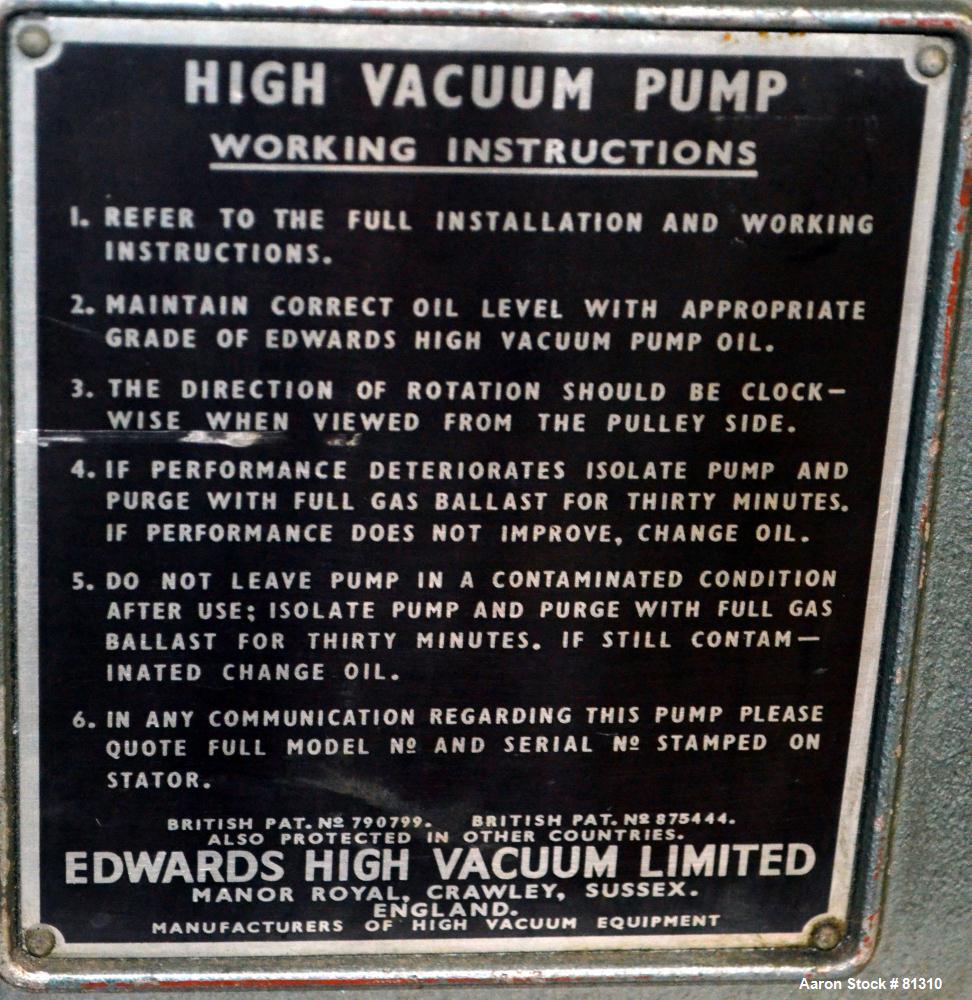 Used Edwards Speedivac High Vacuum Rotary Pump, Model ED250. Approximate 8.7 cfm, driven by a 3/4 hp, 1/60/115/230 volt, 1725 rpm motor.