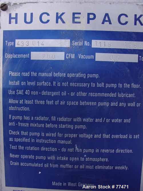 USED:Busch Huckepack once-through-sealing vacuum pump, rotary vane,type 433:014, rated 200 cfm. Driven by a 20 hp 3/60/230/460 volt  745 rpm XP motor. Skid mounted.