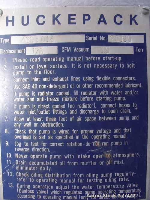 USED:Busch Huckepack once-through-sealing vacuum pump, rotary vane,type 433:014, rated 176 cfm. Driven by a 20 hp 3/60/230/4...