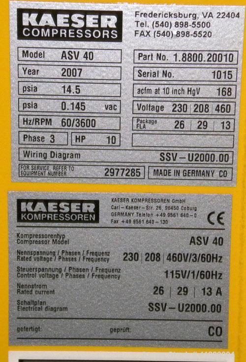 Used Kaeser Rotary Screw Vacuum Package, Model ASV 40. Rated 168 ACFM at 10" HGV. Air cooled. Driven by a 7.5 kw (10 hp), 3/60/230/460 volt, 3535 rpm motor. Includes a Sigma control system. Built 200...