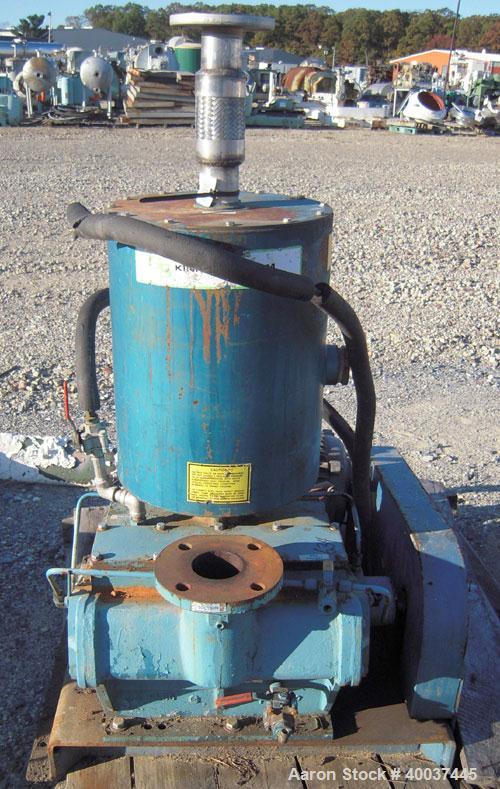 Used Kinney Single Stage Rotary Piston Vacuum Pump, Model KDH-130, Carbon Steel. Rated 134 cfm at 546 rpm. Driven by a 7.5 hp, 3/60/230/460 volt, 1745 rpm XP motor. Includes tank.