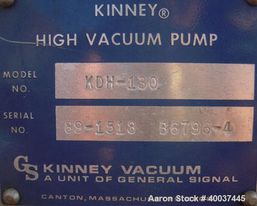 Used Kinney Single Stage Rotary Piston Vacuum Pump, Model KDH-130, Carbon Steel. Rated 134 cfm at 546 rpm. Driven by a 7.5 hp, 3/60/230/460 volt, 1745 rpm XP motor. Includes tank.