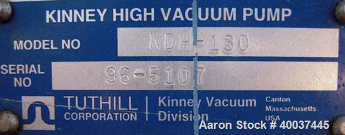 Used Kinney Single Stage Rotary Piston Vacuum Pump, Model KDH-130, Carbon Steel. Rated 134 cfm at 546 rpm. Driven by a 7.5 hp, 3/60/230/460 volt, 1745 rpm XP motor. Includes tank.