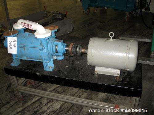 Used Kinney 2 Stage Liquid Ring Vacuum Pump, Model KLRC-125 KBA, Carbon Steel. Approximate 125 cfm at 1750 rpm. 1-1/2” Inlet/outlet. Driven by an approximate 10hp motor. Base mounted with frame.