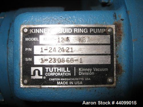 Used Kinney 2 Stage Liquid Ring Vacuum Pump, Model KLRC-125 KBA, Carbon Steel. Approximate 125 cfm at 1750 rpm. 1-1/2” Inlet/outlet. Driven by an approximate 10hp motor. Base mounted with frame.