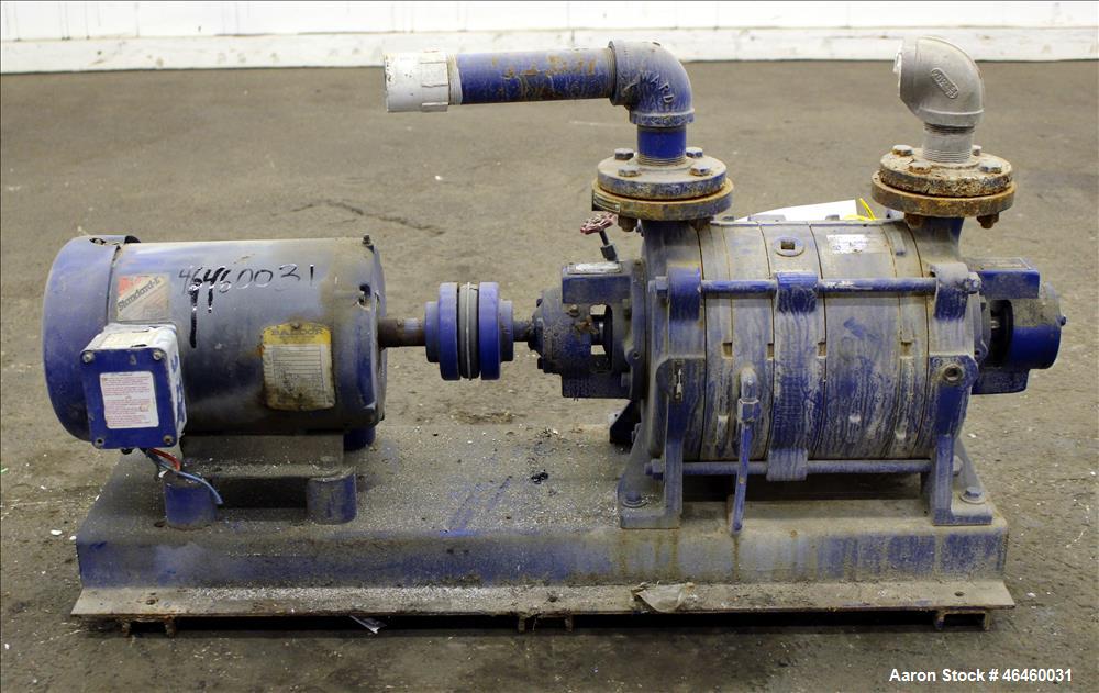 Used Kinney Liquid Ring Vacuum Pump, Model KLRC-75-KBA, Carbon Steel. Approximately 75 CFM at 1750 rpm. 1-1/2" Inlet/outlet. Driven by a 5hp, 3/60/230/460 volt, 1750 rpm motor. Serial# 1710204.