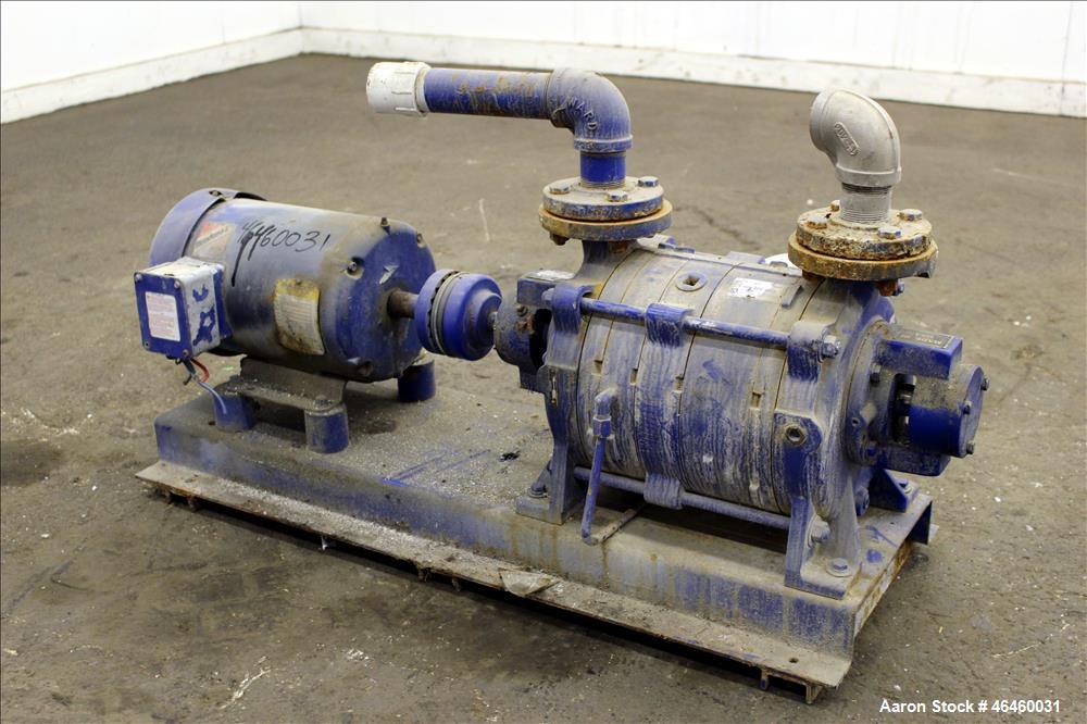 Used Kinney Liquid Ring Vacuum Pump, Model KLRC-75-KBA, Carbon Steel. Approximately 75 CFM at 1750 rpm. 1-1/2" Inlet/outlet. Driven by a 5hp, 3/60/230/460 volt, 1750 rpm motor. Serial# 1710204.