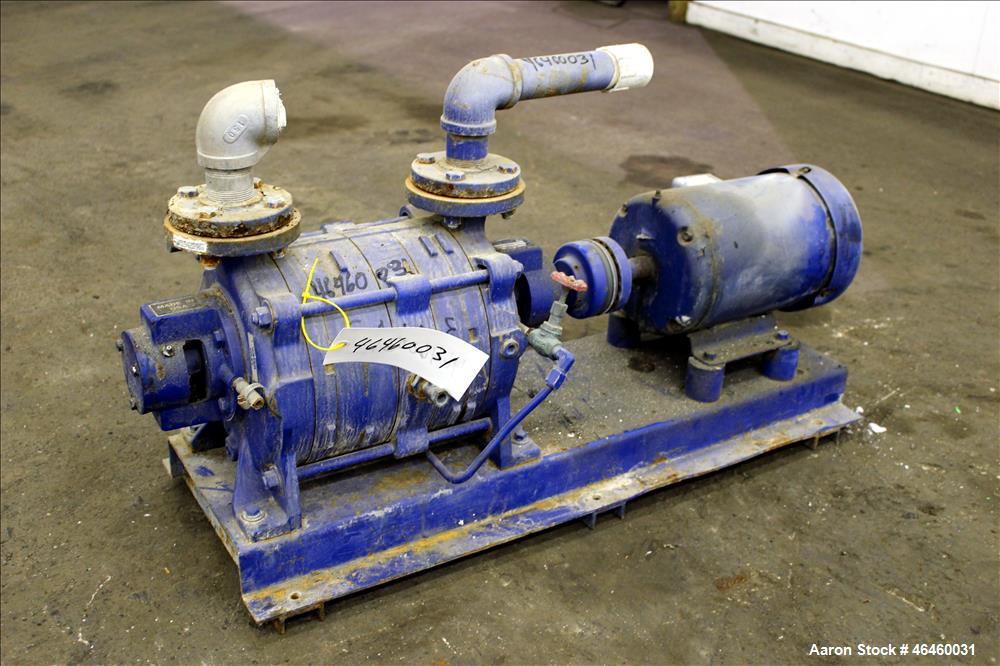 Used Kinney Liquid Ring Vacuum Pump, Model KLRC-75-KBA, Carbon Steel. Approximately 75 CFM at 1750 rpm. 1-1/2" Inlet/outlet. Driven by a 5hp, 3/60/230/460 volt, 1750 rpm motor. Serial# 1710204.