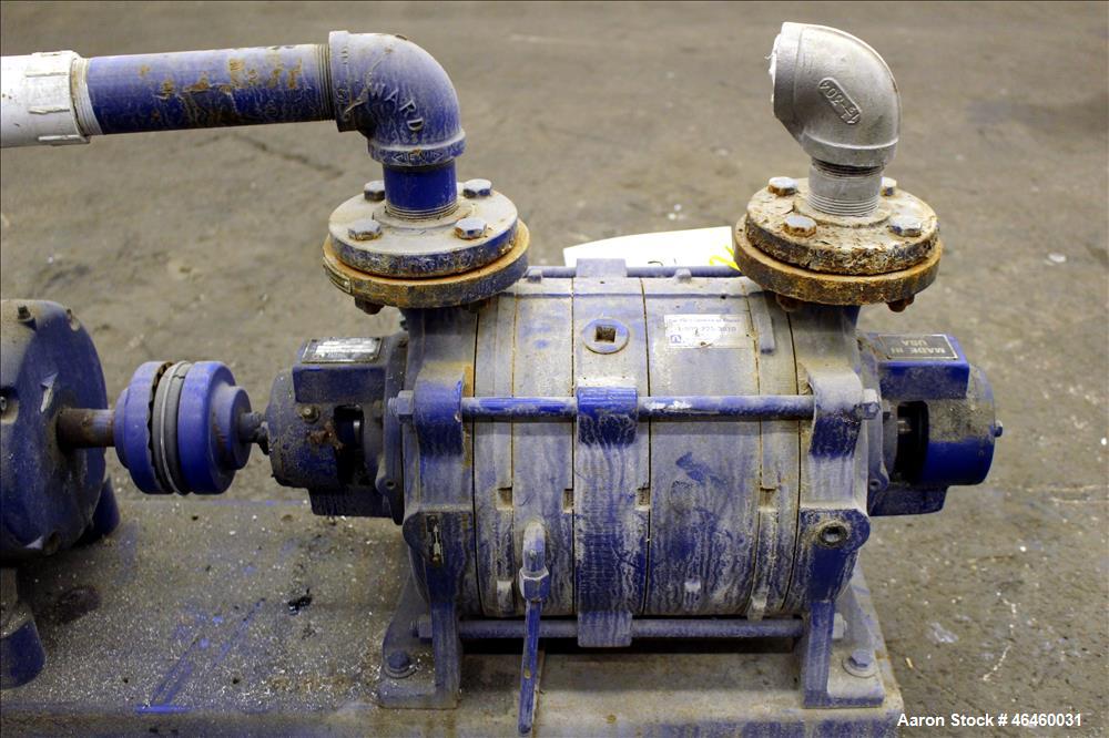 Used Kinney Liquid Ring Vacuum Pump, Model KLRC-75-KBA, Carbon Steel. Approximately 75 CFM at 1750 rpm. 1-1/2" Inlet/outlet. Driven by a 5hp, 3/60/230/460 volt, 1750 rpm motor. Serial# 1710204.