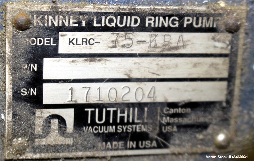 Used Kinney Liquid Ring Vacuum Pump, Model KLRC-75-KBA, Carbon Steel. Approximately 75 CFM at 1750 rpm. 1-1/2" Inlet/outlet. Driven by a 5hp, 3/60/230/460 volt, 1750 rpm motor. Serial# 1710204.