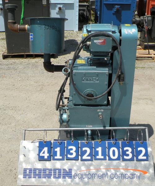 Used Kinney Rotary Piston, Oil Sealed, Vacuum Pump, Model KT-150C, Carbon Steel. Approximately 150 cfm at 1055 rpm. 3" inlet/outlet. Driven by a 7.5 hp, 3/60/230/460 volt, 1755 rpm motor. Mounted on ...