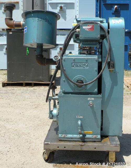 Used Kinney Rotary Piston, Oil Sealed, Vacuum Pump, Model KT-150C, Carbon Steel. Approximately 150 cfm at 1055 rpm. 3" inlet/outlet. Driven by a 7.5 hp, 3/60/230/460 volt, 1755 rpm motor. Mounted on ...