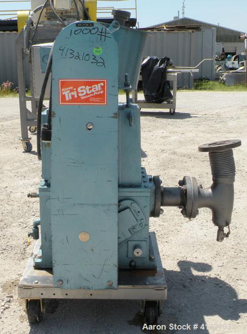 Used Kinney Rotary Piston, Oil Sealed, Vacuum Pump, Model KT-150C, Carbon Steel. Approximately 150 cfm at 1055 rpm. 3" inlet/outlet. Driven by a 7.5 hp, 3/60/230/460 volt, 1755 rpm motor. Mounted on ...