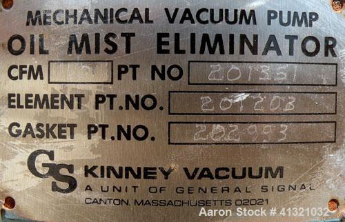 Used Kinney Rotary Piston, Oil Sealed, Vacuum Pump, Model KT-150C, Carbon Steel. Approximately 150 cfm at 1055 rpm. 3" inlet/outlet. Driven by a 7.5 hp, 3/60/230/460 volt, 1755 rpm motor. Mounted on ...