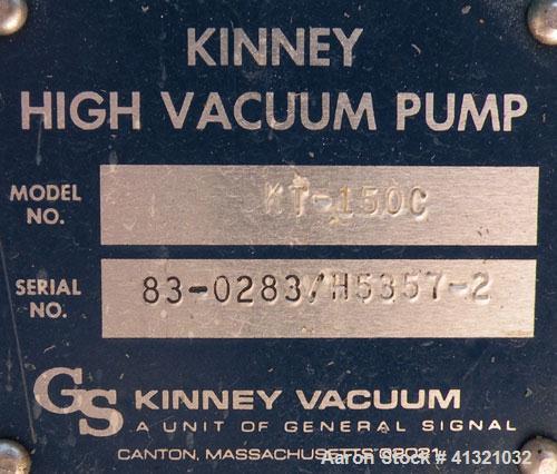 Used Kinney Rotary Piston, Oil Sealed, Vacuum Pump, Model KT-150C, Carbon Steel. Approximately 150 cfm at 1055 rpm. 3" inlet/outlet. Driven by a 7.5 hp, 3/60/230/460 volt, 1755 rpm motor. Mounted on ...
