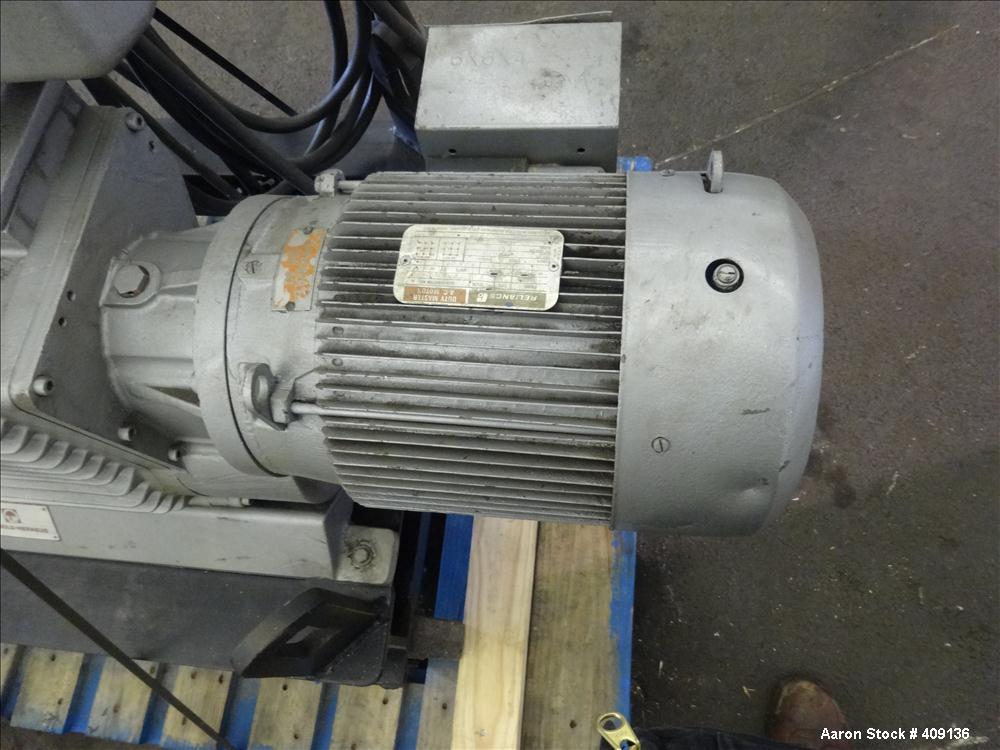 Used Leybold-Heraeus Two Stage Rotary Piston Vacuum Pump, 117.8 CFM, Model DK200, Carbon Steel. Driven by a 7.5hp, 3/60/230/460 volt, 1755 rpm motor. Mounted on a base with casters. Serial# 895031179...