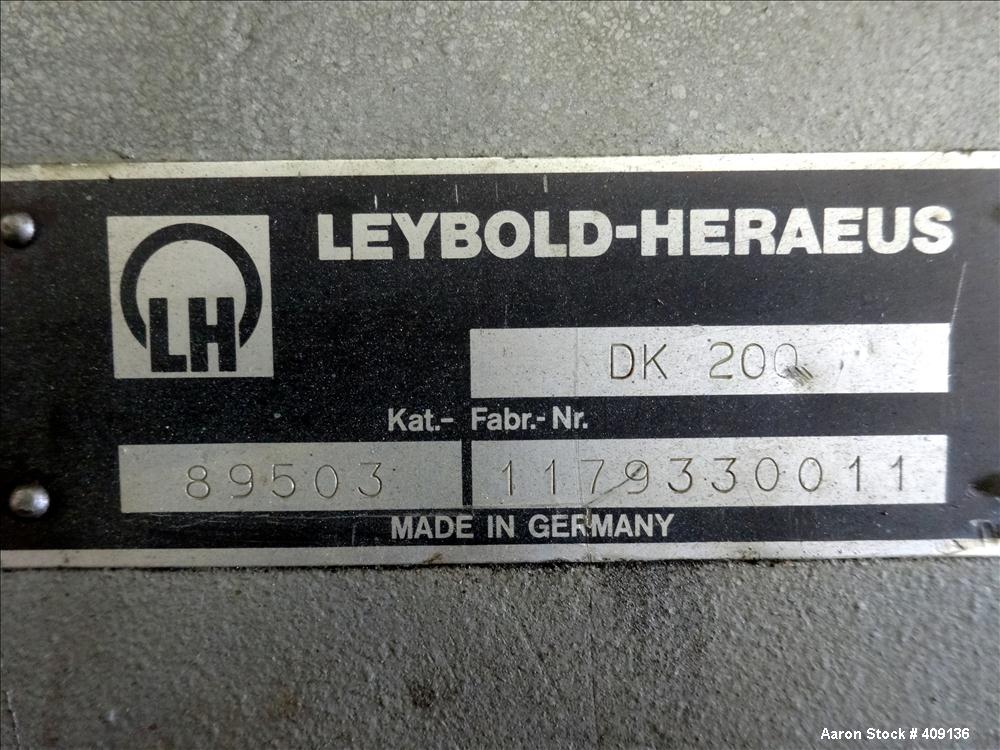 Used Leybold-Heraeus Two Stage Rotary Piston Vacuum Pump, 117.8 CFM, Model DK200, Carbon Steel. Driven by a 7.5hp, 3/60/230/460 volt, 1755 rpm motor. Mounted on a base with casters. Serial# 895031179...