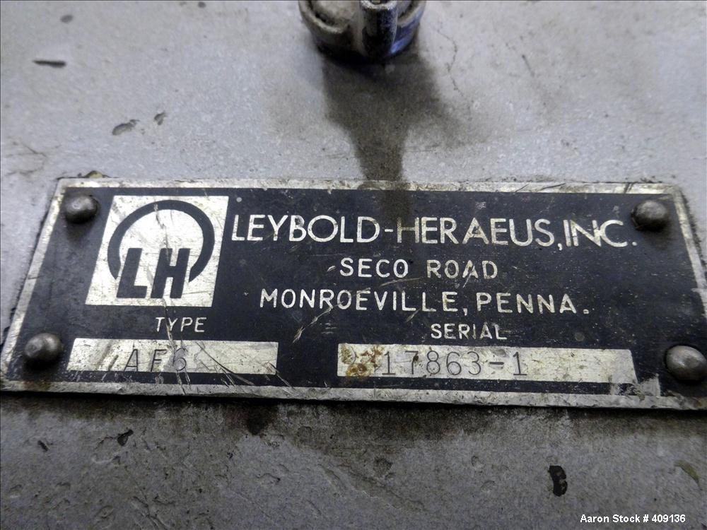 Used Leybold-Heraeus Two Stage Rotary Piston Vacuum Pump, 117.8 CFM, Model DK200, Carbon Steel. Driven by a 7.5hp, 3/60/230/460 volt, 1755 rpm motor. Mounted on a base with casters. Serial# 895031179...