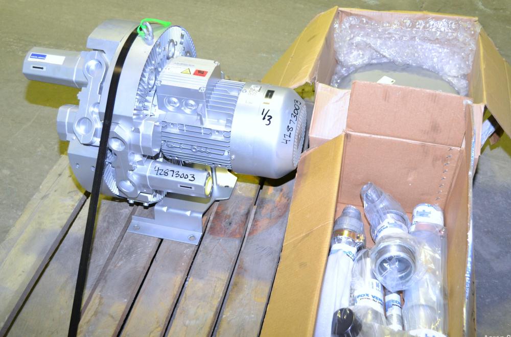 Unused- Nash Elmo Vacuum Pump/ Compressor, Single Stage, Series G 400, Model 2BH7620-0AH56-8, Carbon Steel. Two impeller design, Approximate 75 cfm at 80’’ vacuum H2O. Driven by a 6.3 kw( 8hp), 3/60/...