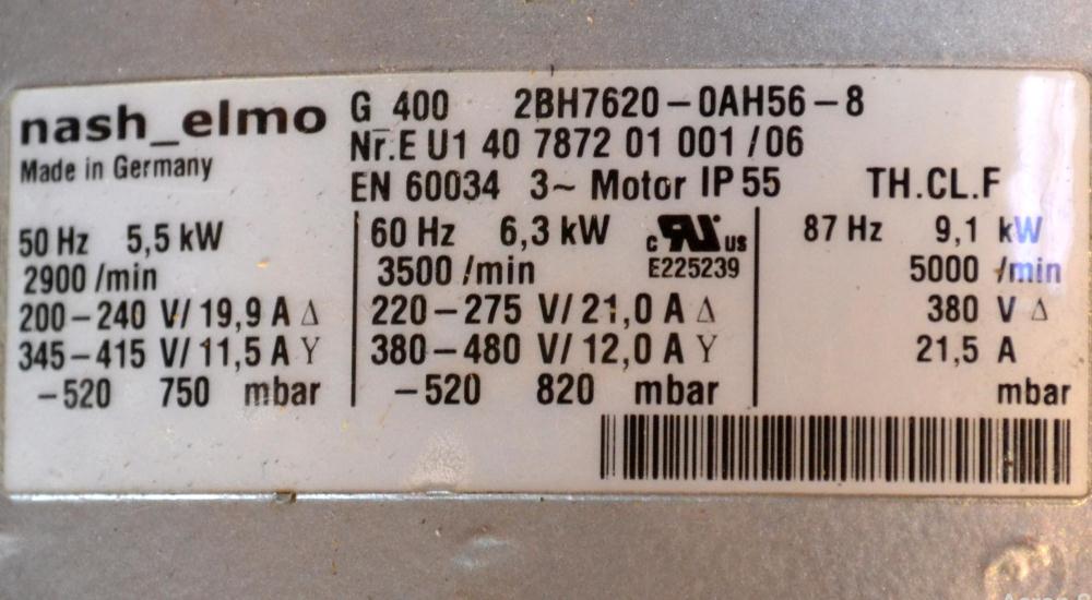 Unused- Nash Elmo Vacuum Pump/ Compressor, Single Stage, Series G 400, Model 2BH7620-0AH56-8, Carbon Steel. Two impeller design, Approximate 75 cfm at 80’’ vacuum H2O. Driven by a 6.3 kw( 8hp), 3/60/...