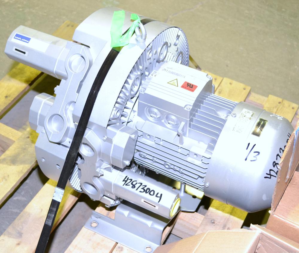 Unused- Nash Elmo Vacuum Pump/ Compressor, Single Stage, Series G 400, Model 2BH7620-0AH56-8, Carbon Steel. Two impeller design, Approximate 147 cfm at 80’’ vacuum H2O. Driven by a 6.3 kw( 8hp), 3/60...