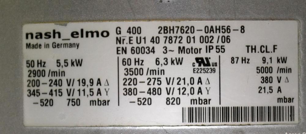 Unused- Nash Elmo Vacuum Pump/ Compressor, Single Stage, Series G 400, Model 2BH7620-0AH56-8, Carbon Steel. Two impeller design, Approximate 147 cfm at 80’’ vacuum H2O. Driven by a 6.3 kw( 8hp), 3/60...