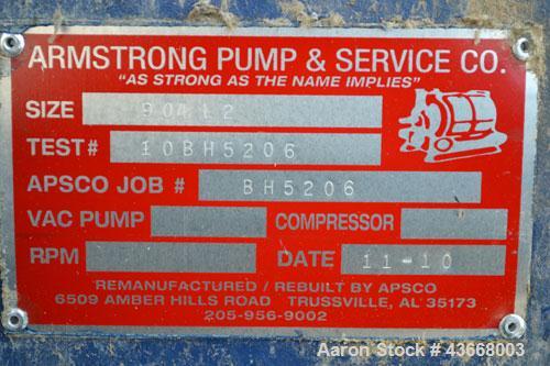 Used Nash Liquid Ring Vacuum Pump, Model 904 L2, Carbon Steel. Approximate 4600 CFM at 24” Hg. at 500 rpm. Driven by a 300hp, 3/60/460 volt, 1190 rpm motor. Includes a Benshaw Panel.