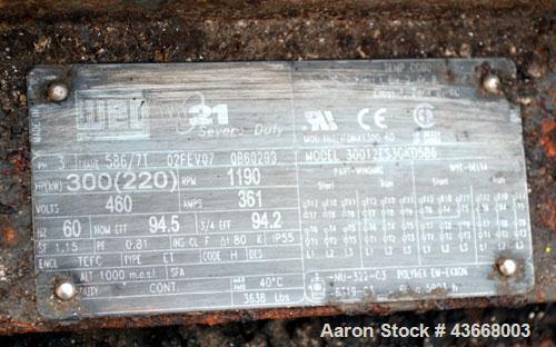 Used Nash Liquid Ring Vacuum Pump, Model 904 L2, Carbon Steel. Approximate 4600 CFM at 24” Hg. at 500 rpm. Driven by a 300hp, 3/60/460 volt, 1190 rpm motor. Includes a Benshaw Panel.