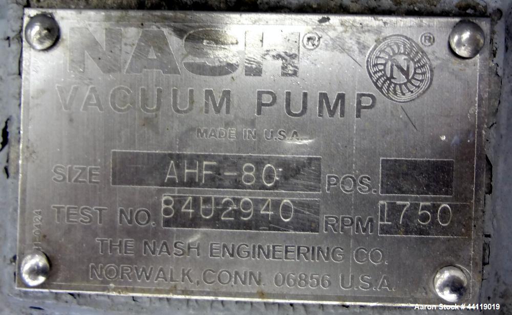 Used Nash Liquid Ring Vacuum Pump, Size AHF-80, 316 Stainless Steel. Flow rate of 2 Gallons per minute, approximate 72 cfm. Driven by a 5 hp, 3/60/208-230/460 volt, 1745 rpm motor. Includes a holding...