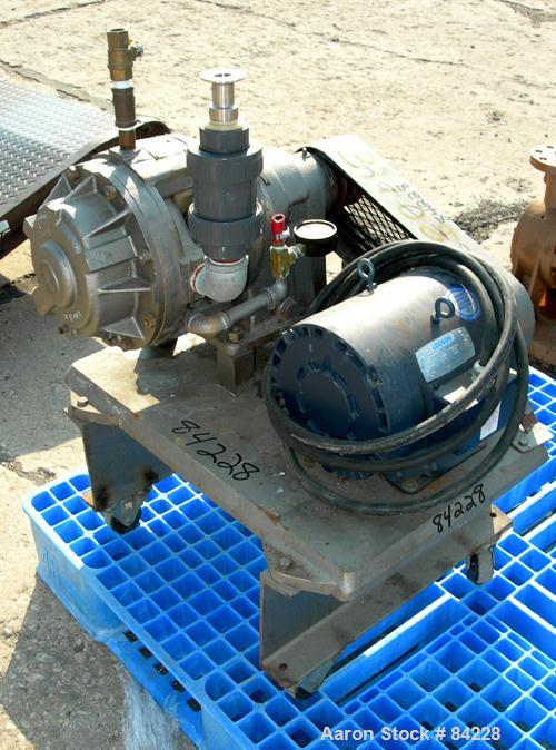 USED: Nash Hytor liquid ring vacuum pump, model AL574, carbon steel. Approx capacity 30 cfm at 21" hg at 1740 rpm. 1-1/2" NPT inlet/outlet. Driven by a 5 hp, 3/60/208-230/460 volt, 1740 rpm motor. Mo...
