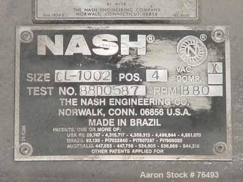 Used Nash Liquid Ring Vacuum Pump, Model CL-1002, Cast Iron. Capacity 1060 cfm at 15" hg/870 cfm at 26" hg. 5" Inlet, 4" outlet. Driven by a 60 hp, 3/60/230/460 volt, 1780 rpm motor. Base mounted. In...