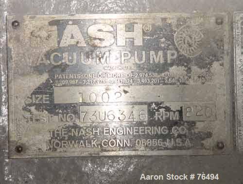 Used Nash Liquid Ring Vacuum Pump, Model CL-1002, Cast Iron. Capacity 1060 cfm at 15" hg/870 cfm at 26" hg. 5" Inlet, 4" outlet. Driven by a 60 hp, 3/60/230/460 volt, 1775 rpm motor. Base mounted. In...