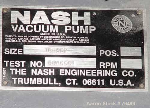 Used Nash Liquid Ring Vacuum Pump, Model CL-2002, Cast Iron. Capacity 1870 cfm at 15" hg/1600 cfm at 26" hg. 6" Inlet, 5" outlet. Driven by a 100 hp, 3/60/230/460 volt, 1790 rpm motor. Base mounted. ...