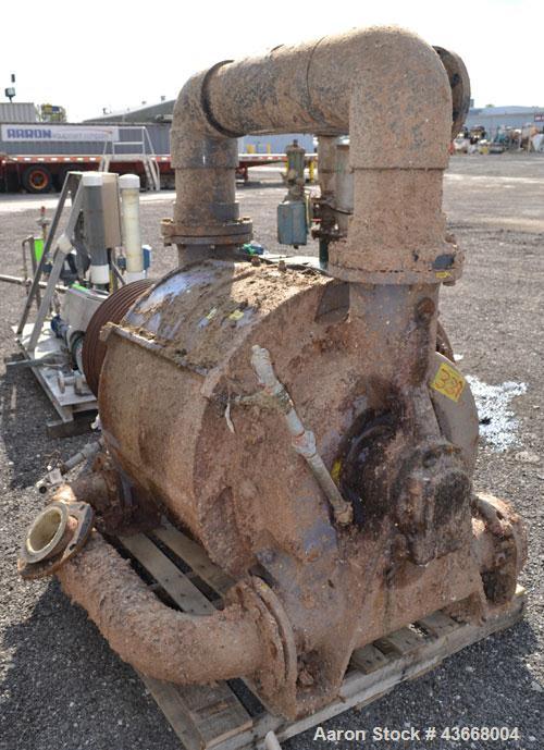 Used Nash Liquid Ring Vacuum Pump, Model CL3002, Carbon Steel. Approximate 2590 CFM at 24” Hg. at 530 rpm. Driven by a 200hp, 3/60/460 volt, 889 rpm motor. Includes an Allen-Bradley panel.