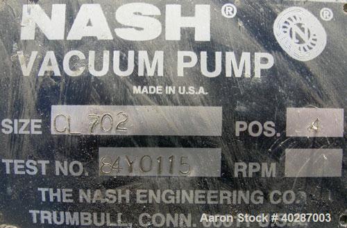 Used Nash liquid ring vacuum pump, model CL-702.  Approximate capacity 700 cfm, 24" HG vacuum.  (2) 4 1/2" inlets/outlets.  No drive.

