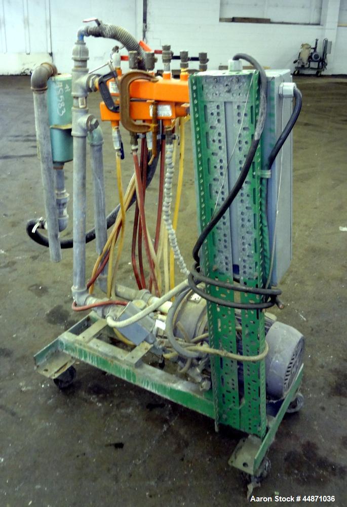 Used Nash Liquid Ring Vacuum Pump, Size MHF-80, Carbon Steel.  Approximately 70 cfm.  Driven by a 5 hp, 3/60/230/460 volt, 1715 rpm motor.  Mounted on a carbon steel frame with casters.  Test #82U384...