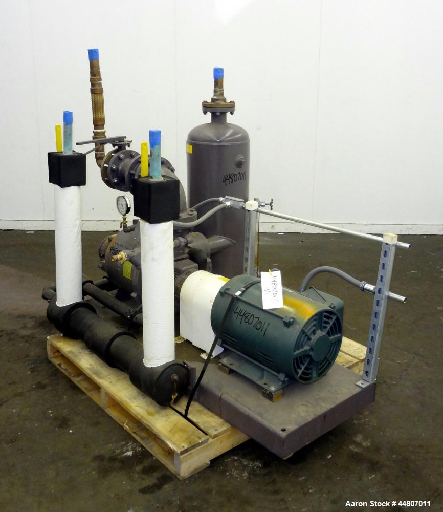 Used Nash Liquid Ring Vacuum Pump, Size SC4/7, Carbon Steel.  Flow rate of 10 gallons per minute, 25 to 28" Hg vacuum, approximately 300 cfm.  Driven by a 20 hp, 3/60/230/460 volt, 1175 rpm motor. In...