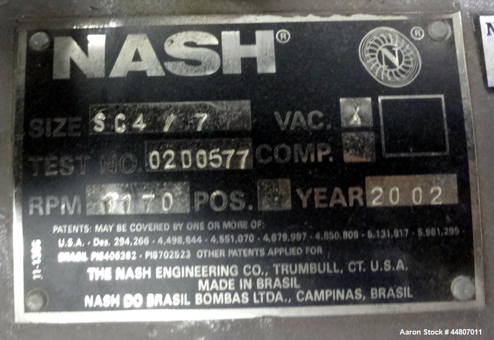 Used Nash Liquid Ring Vacuum Pump, Size SC4/7, Carbon Steel.  Flow rate of 10 gallons per minute, 25 to 28" Hg vacuum, approximately 300 cfm.  Driven by a 20 hp, 3/60/230/460 volt, 1175 rpm motor. In...