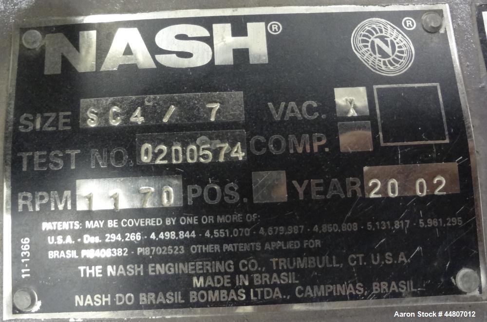 Used Nash Liquid Ring Vacuum Pump, Size SC4/7, Carbon Steel.  Flow rate of 10 gallons per minute 25 to 28" Hg vacuum, approximately 300 cfm.  Driven by a 20 hp, 3/60/230/460 volt, 1175 rpm motor. Inc...