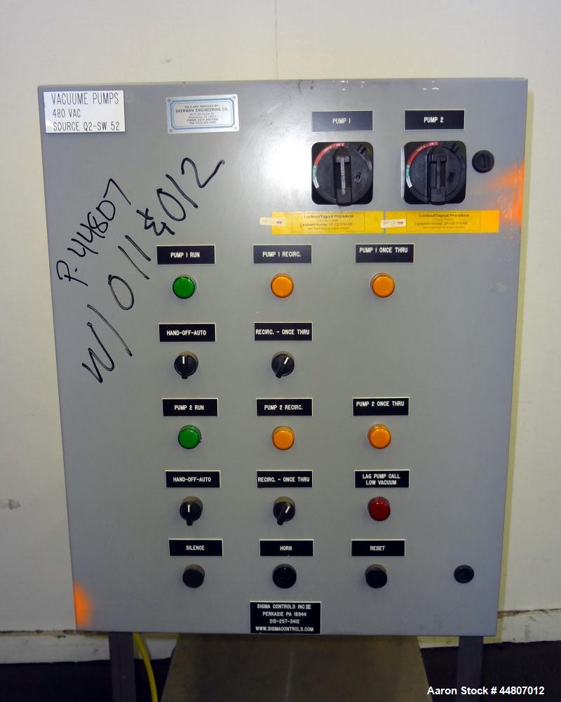 Used Nash Liquid Ring Vacuum Pump, Size SC4/7, Carbon Steel.  Flow rate of 10 gallons per minute 25 to 28" Hg vacuum, approximately 300 cfm.  Driven by a 20 hp, 3/60/230/460 volt, 1175 rpm motor. Inc...
