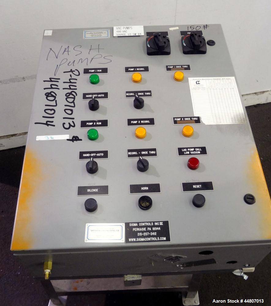 Used Nash Liquid Ring Vacuum Pump, Size SC4/7, Carbon Steel.  Flow rate of 10 gallons per minute 25 to 28" Hg vacuum, approximately 300 cfm.  Driven by a 20 hp, 3/60/230/460 volt, 1175 rpm motor. Inc...
