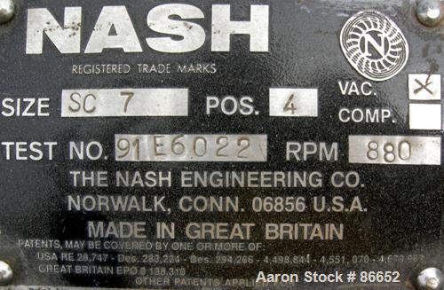 USED: Nash Liquid Ring Vacuum Pump, Model SC7, cast iron construction. Approximate capacity 700 cfm at 880 rpm. Driven by a 75 hp, 3/60/230/460 volt, 1765 rpm motor. 6" inlet/outlet. Includes muffler...