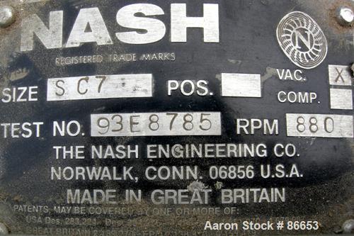 Used Nash Liquid Ring Vacuum Pump, Model SC7, Cast Iron Construction. Approximate capacity 700 CFM at 880 RPM. Driven by a 75 HP, 3/60/230/460 Volt, 1765 RPM motor. 6" inlet/outlet. Includes muffler....